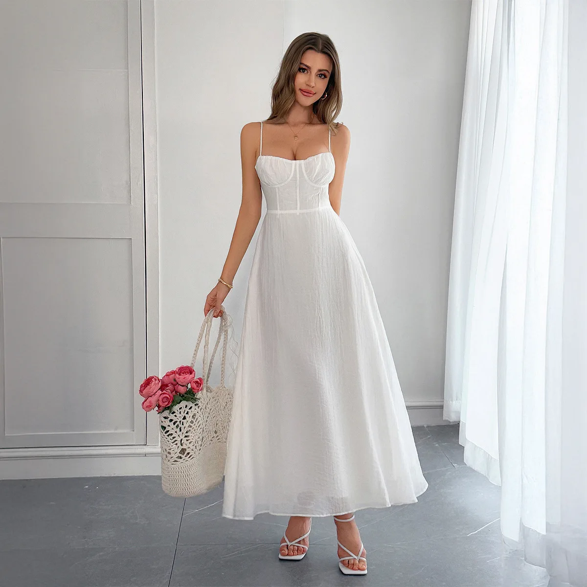

White Dress Women Dresses Solid Ankle Length V Neck Vestidos Sleeveless Party Slight Strech High Waist Summer Y2k Streetwear
