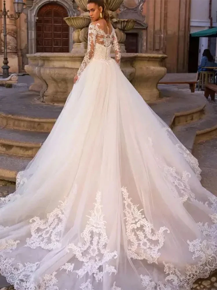 Vestidos De Novia De sirena De lujo 2 en 1, cuello redondo, manga larga, apliques, tren desmontable, Vestidos De Novia De encaje, 2023