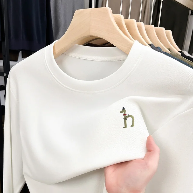 Exquisite High-End Men's Printed O-Neck T-Shirt New Autumn Solid Color Long Sleeve Pullover Tops Casual Versatile Men's Clothing