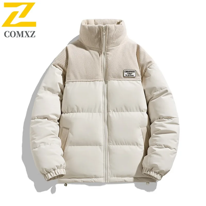COMXZ 2025 Winter Fashion Stand Collar Loose Fit Color Block Cotton Jacket American style Windproof Warm Unisex Outdoor Coat