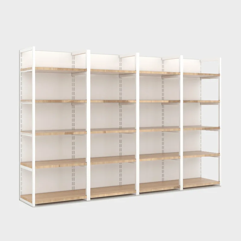 Supermarket shelves four columns wood laminate single and double-sided convenience store snack display rack