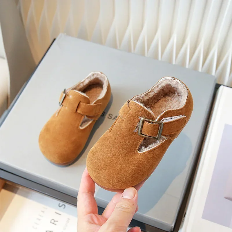 Cotton-padded Shoes Kids Girls Fur Suede Boots Baby Boys Home Boot for 2023 Winter Children Hoop & Loop Flat Casual Shoe 21-34