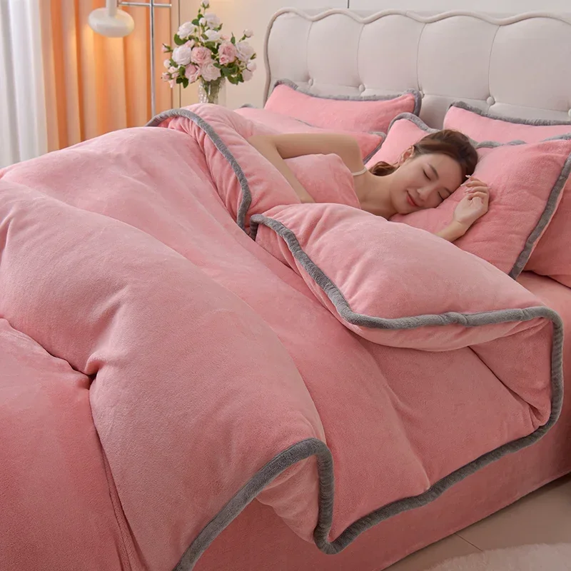 Simple wind milk fleece four-piece set thickened coral fleece solid color bed sheet quilt cover single piece fleece winter - view 5
