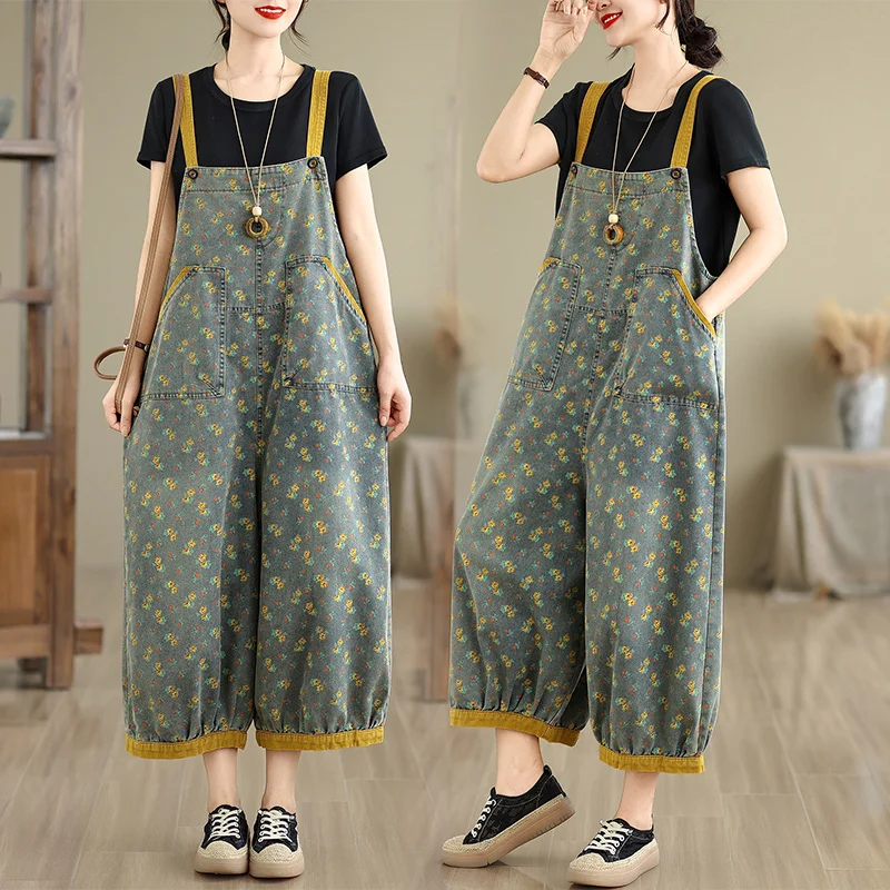 Loose Wide Leg Casual Denim Print Nine-Tenths Overalls Women's Artistic Style plus Size Jeans Cotton Material No Brand