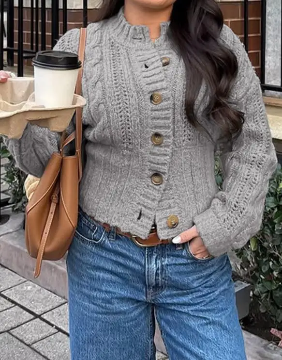 

Осенний однотонный простой облегающий вязаный кардиган с открытой талией и пуговицами спереди, женский модный и элегантный свитер, куртка
