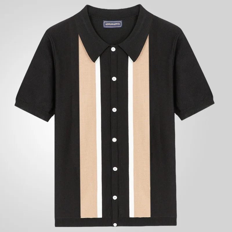Europe and The United States New Men's Lapel Color T-shirt Single-breasted Cardigan Business Knit Short-sleeved POLO Shirt