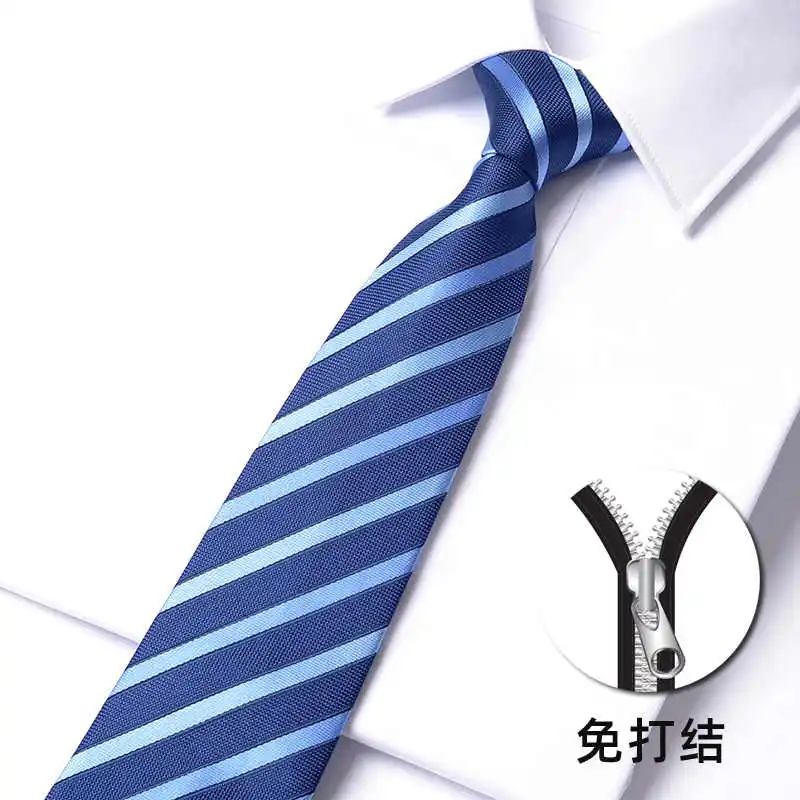 

High Quality Navy Blue Striped Zipper Necktie 8CM Men's Business Banquet Professional Shirt Accessories Knot Free Zipper Cravat