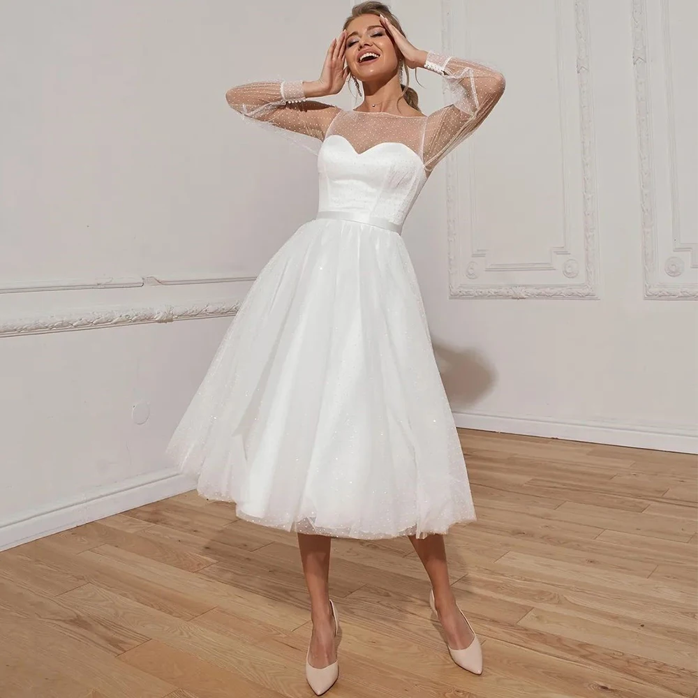 

Modern Tea-Length Wedding Dress Scoop Neck Illusion Long Sleeve with Belt A-Line Civil Short Gowns for Marriage Customized