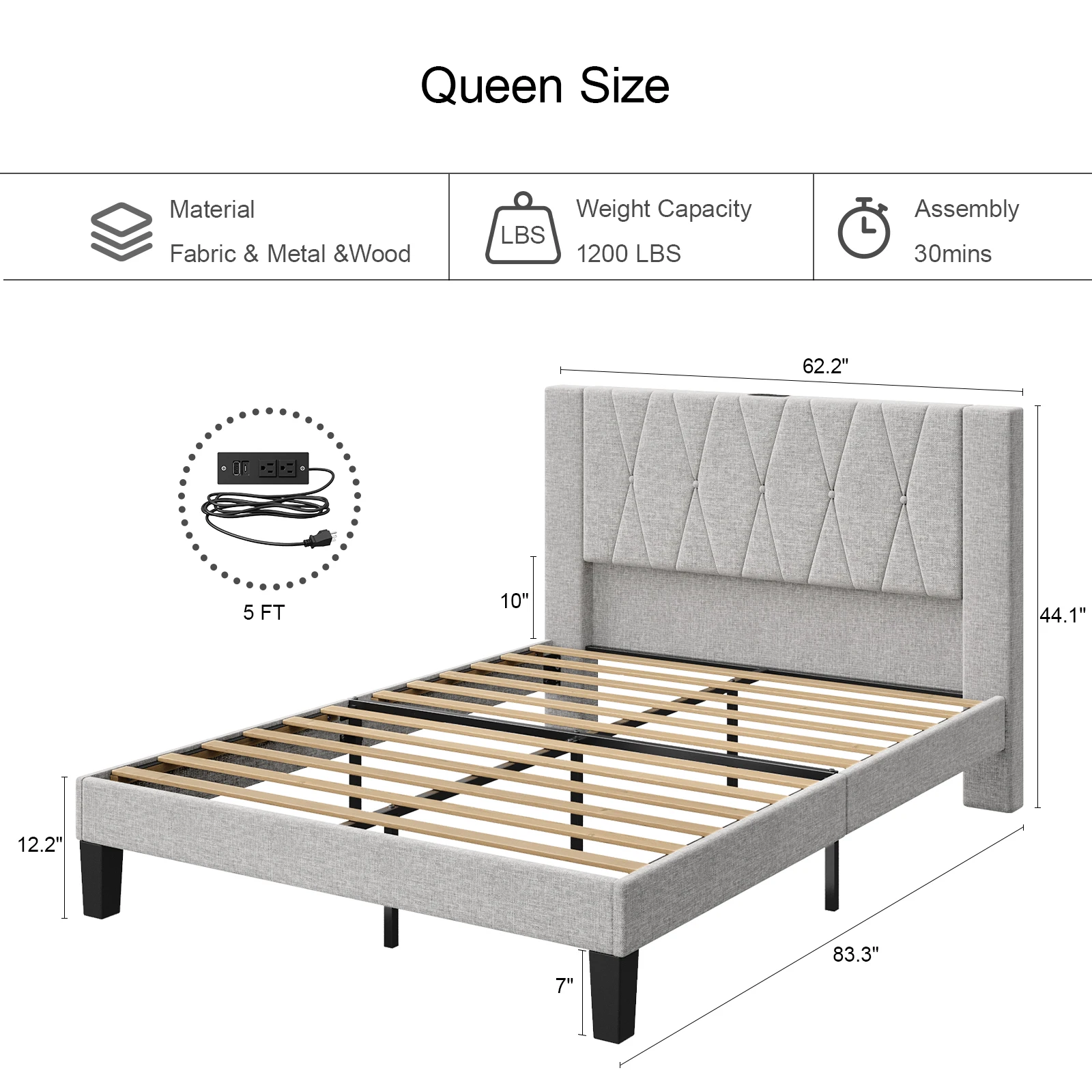 Queen Bed Frame with Headboard,Linen Upholstered Platform Bed Frame with Charging & Storage,No Box Spring Needed,Light Grey