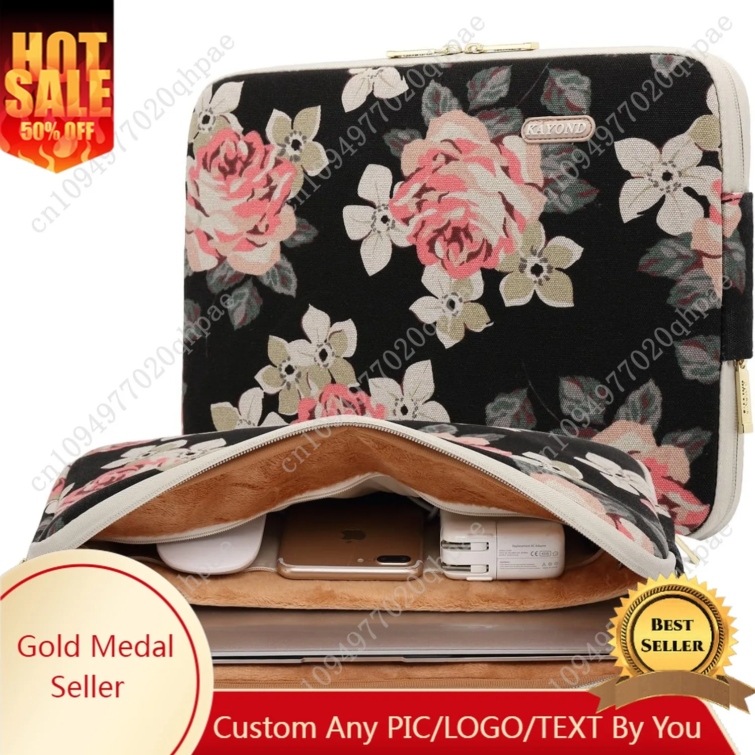 

kayond Black Rose Patten Canvas Water-Resistant 17 Inch Laptop Sleeve