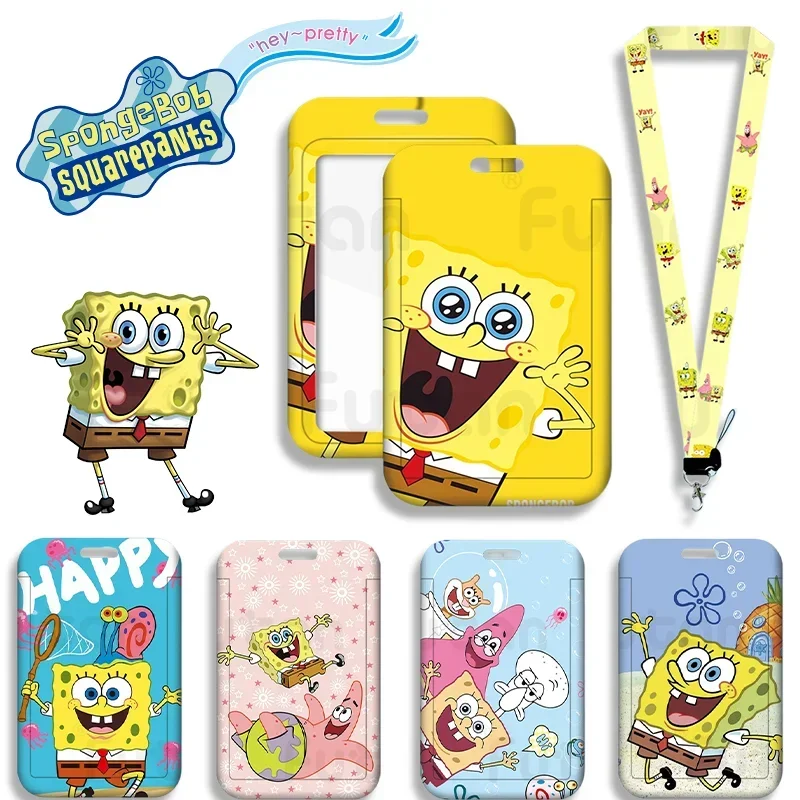 SpongeBob Student Card Cover with Neck Strap Lanyard Cute Anime Cartoon ABS Kids School  ID Subway Access Meal Bus Card Holder