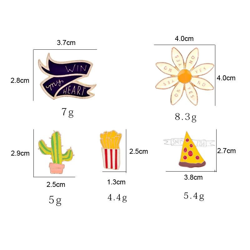 5 Styles Cactus /Yes No Sunflower Shaped Brooches Golden French Fries Pizza Shaped Pins Women Girls Wins My Heart  Badge