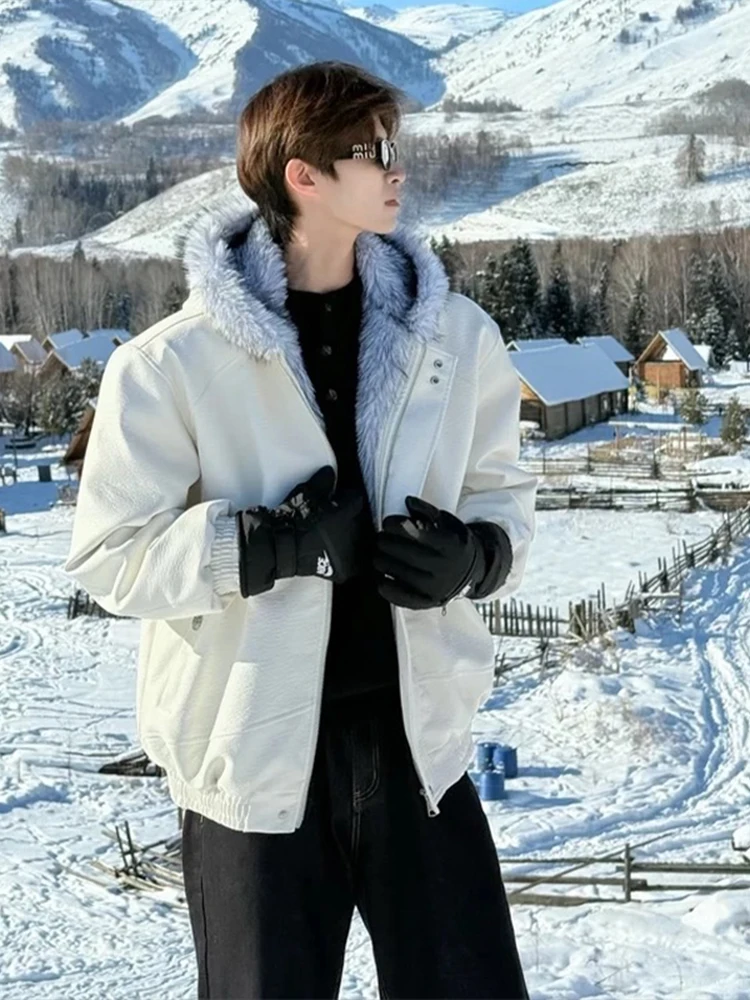 

Утепленная мужская зимняя куртка из белой искусственной кожи с капюшоном, хлопковая, теплая, однотонная, стандартной длины, с длинными рукавами, Cleanfit