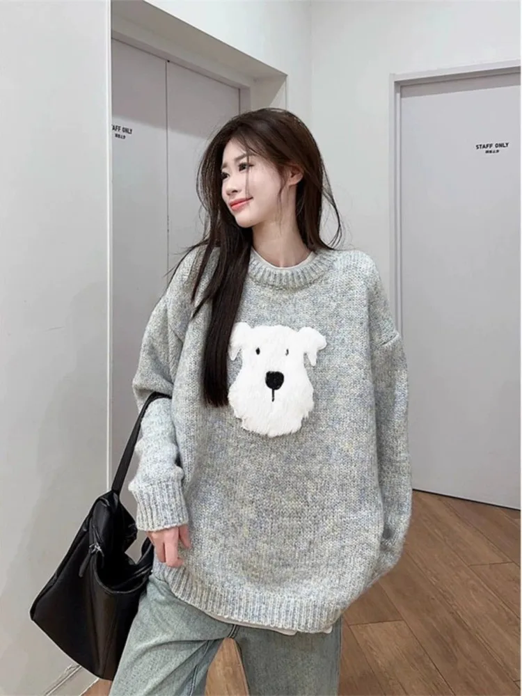 かわいい毛皮のウェスティ ‌   ニットセーター女性秋冬厚い特大ラウンドネックプルオーバー漫画子犬カジュアルニットウェアトップ
