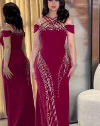 Red Mermaid Crystal Prom Dresses Long for Women 2025 Crew Neckline Beading Pearls Satin Formal Evening Gowns Vesstidos