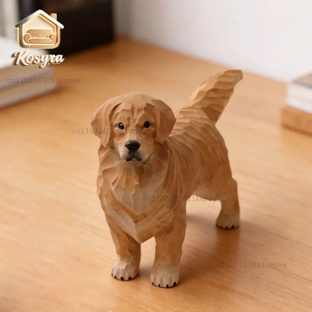Natural Wood Handmade Dog Figurine Statue Decorative Golden Retriever Sculpture Living Room Desktop Ornament Home Decor Gift