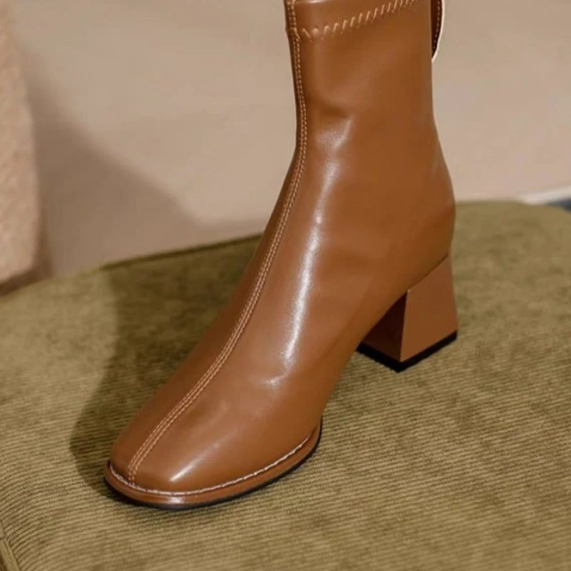 Women's Head Boots Thick Heel Zipper Retro Boots Women's Autumn and Winter Fashion Shoes Simple Women's Ankle Boots