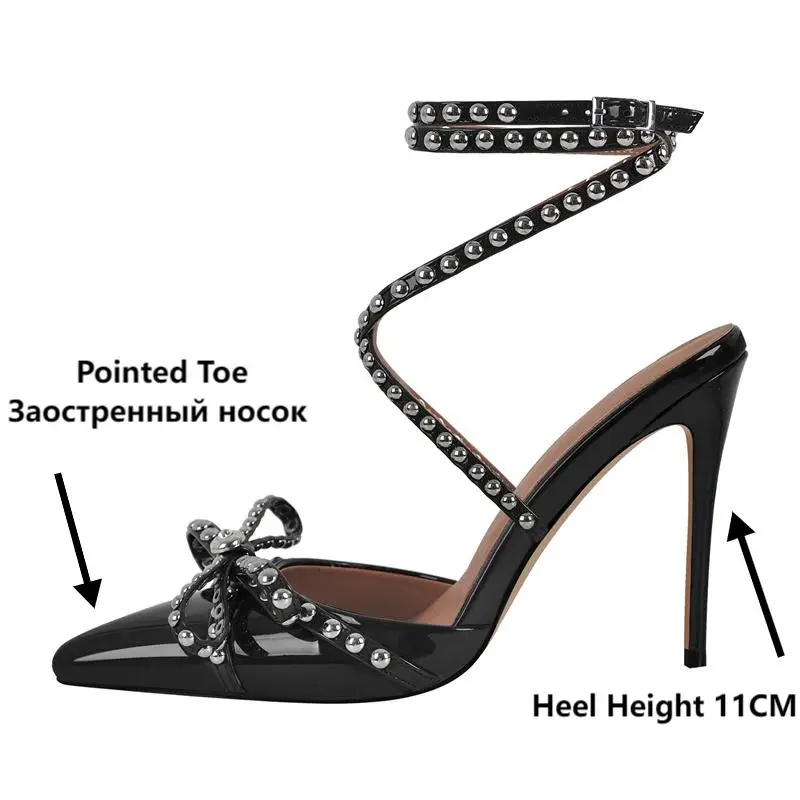 Onlymaker Women Pointed Toe Sexy Strap Stiletto High Heel Ankle Strap Wedding Bow Rivet Cross Ankle Strap Heels