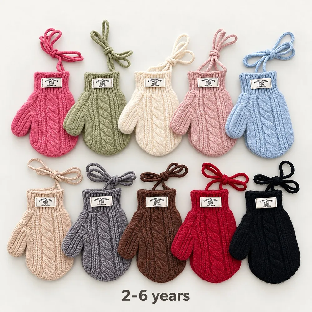Kids Winter Cable Knit Mittens with Connecting String Boys Girls Knitted Gloves for Outdoor Everyday Wear 2-6 Years