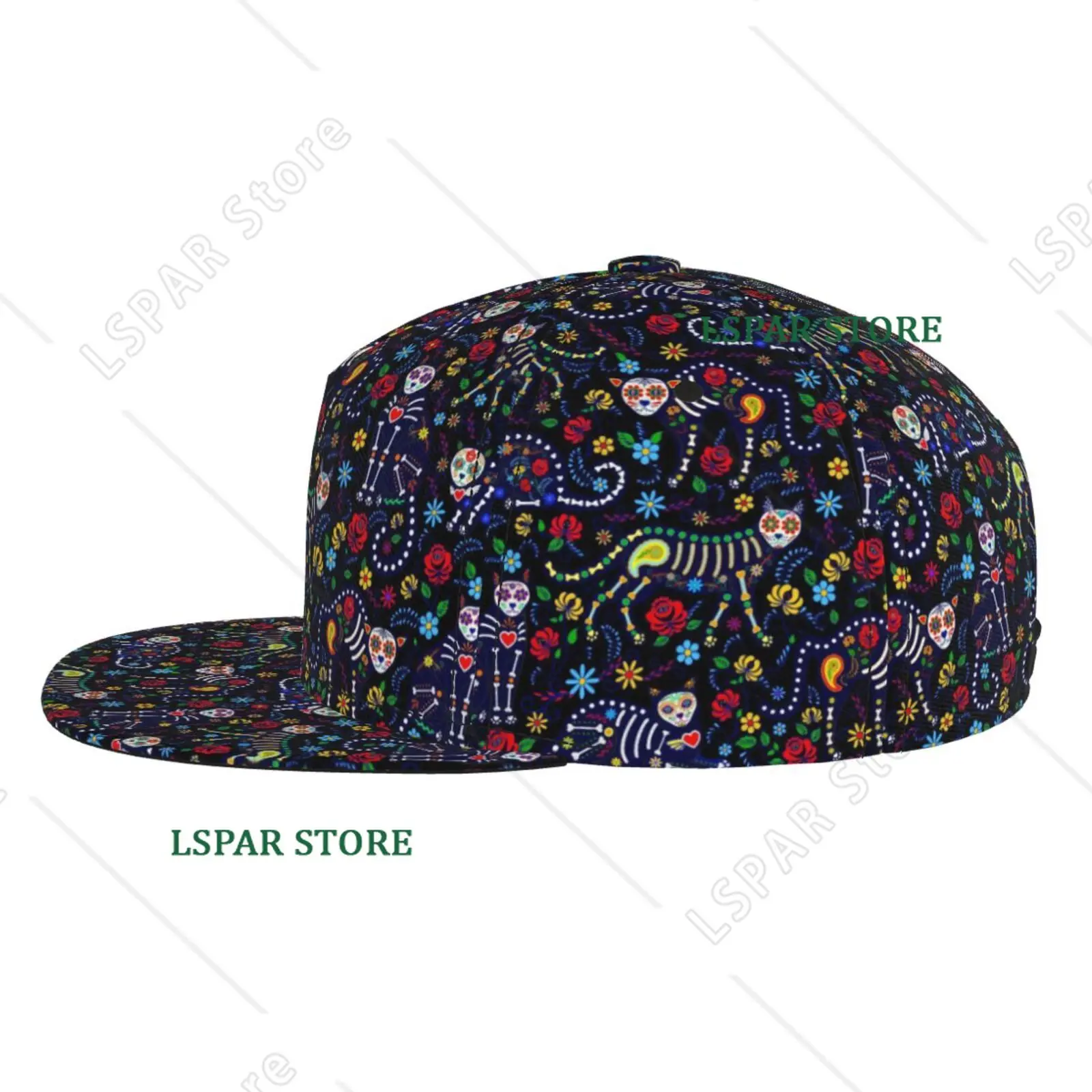 Halloween Day of The Dead Themed Cat Flat Brimmed Hat Suitable for Both Men and Women Fun Adjustable Sun Shading Baseball Cap