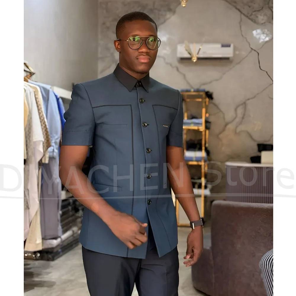 

Mens Suit 2 Piece Set Short Sleeve Single Breasted Blazer with Pants Formal Business Casual Wedding Party Outfit for Gentleman