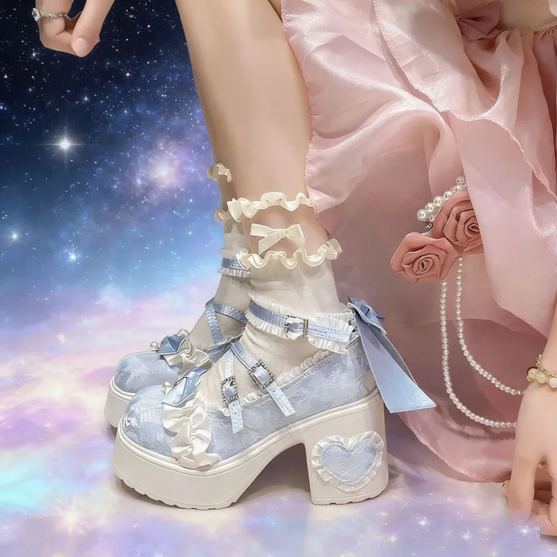 Y2K Mary Jane Shoes Lolita Blue Platform For Women Chunky Heel Bow Ruffle Strap Pumps, JK Uniform Cute Footwear For Cosplay Gift