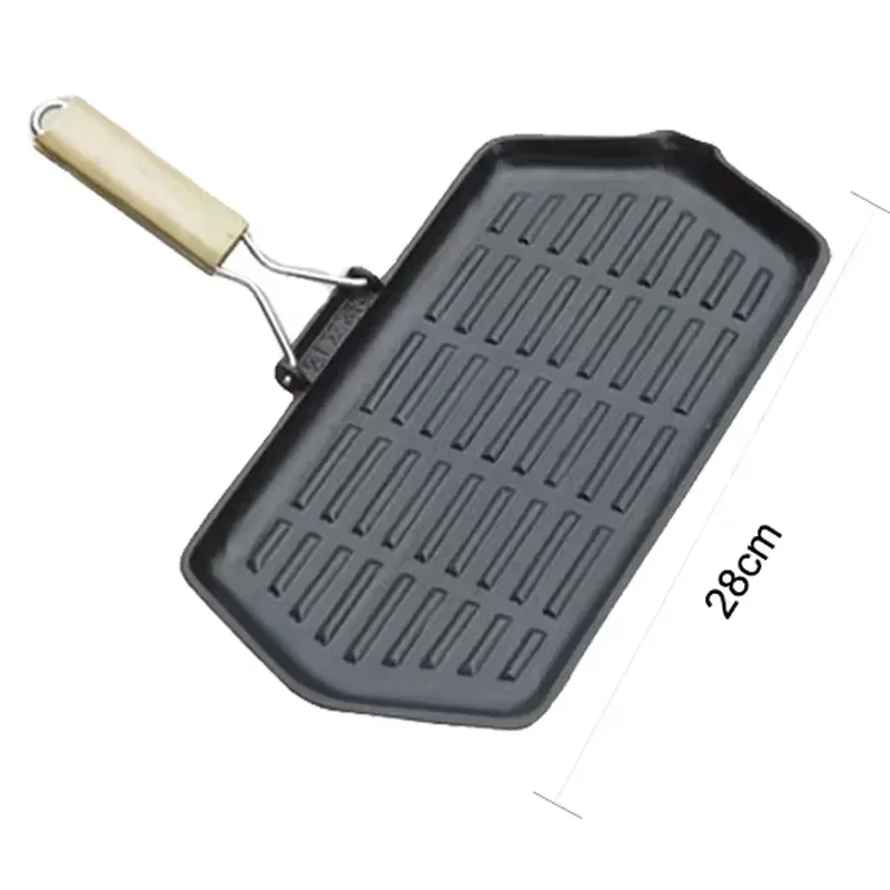 Cast Iron Non Stick Frying Pan Flat Bottom Skillet with Wooden Handle Korean Style Design Induction Cooker Compatible