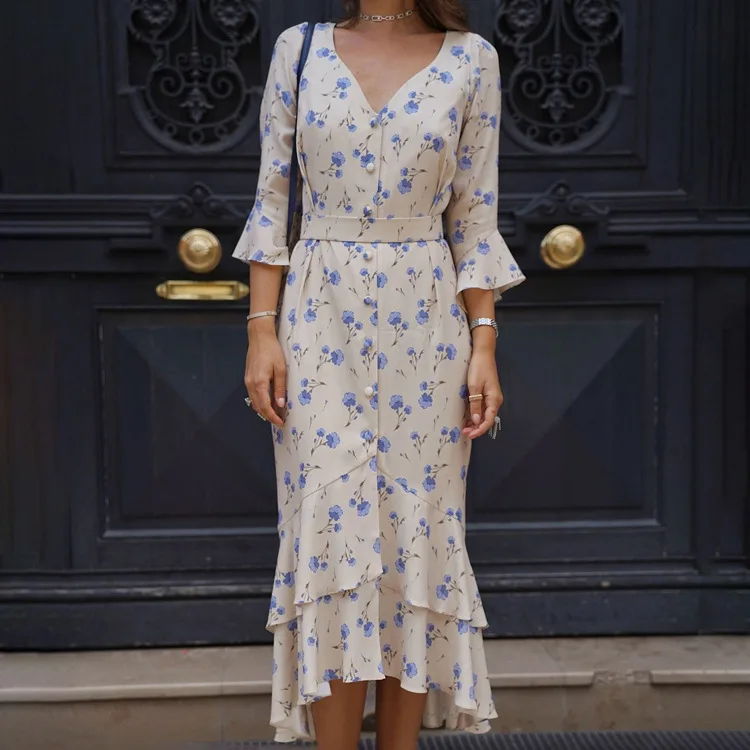 Ele hoge taille bloemenprint Dr Dames V-ne Bell Sve lange rok Zomerseizoen Basic Sle Single Piece