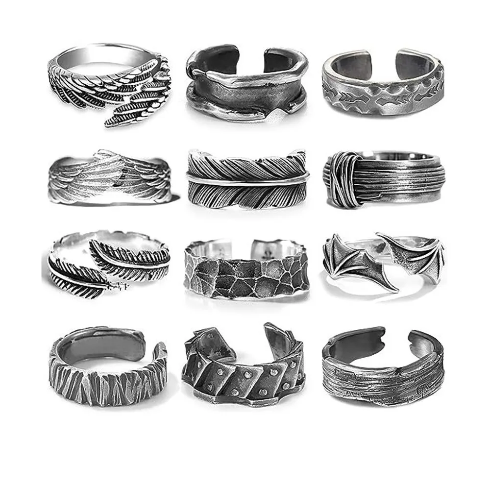 

12pcs Vintage Feather Wings Tree Stump Wood Grain Ring Punk Ring Set