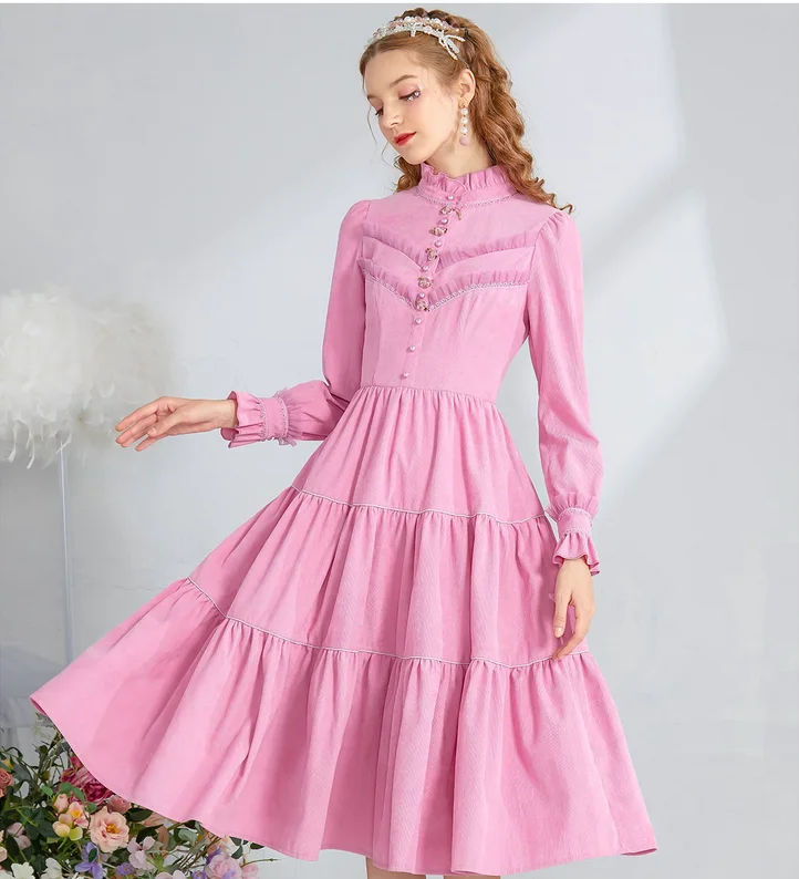 

Winter New Retro Pink Standing Neck Corduroy Women's Dress