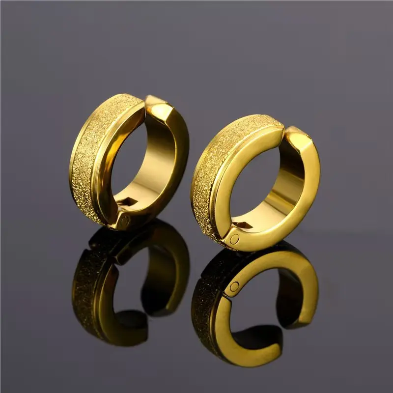 1 Pair 4*9 Mm Gold-color Plated Round Trendy Brief Stainless Steel Men Hoop Earrings Clip For Women Classic Jewelry