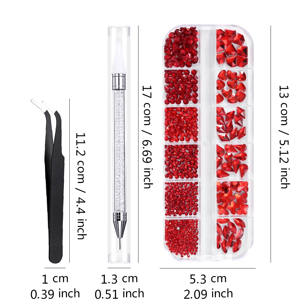 12 그리드 3D 빨간색 유리 네일 아트 라인 석 플랫 백 라운드/하트/나비/드롭 다이아몬드 손톱 용품 DIY 전화 케이스 매니큐어 보석