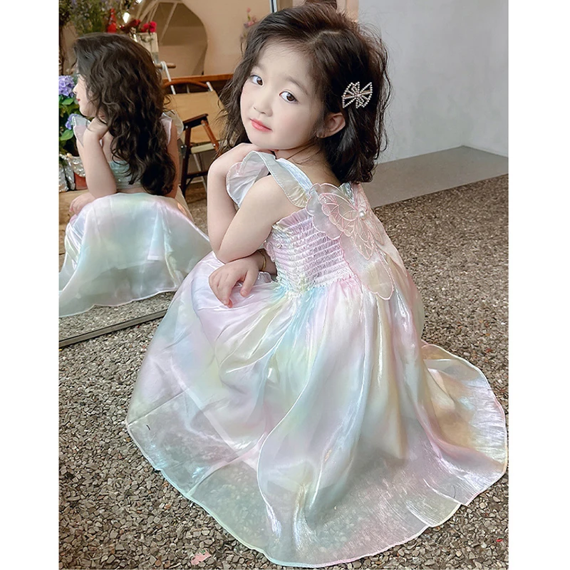 1-8 Years Cute Summer Princess Girls Dress Gradient Rainbow Butterfly Decoration Mesh Dress For Girls Party Prom Gown Clothes