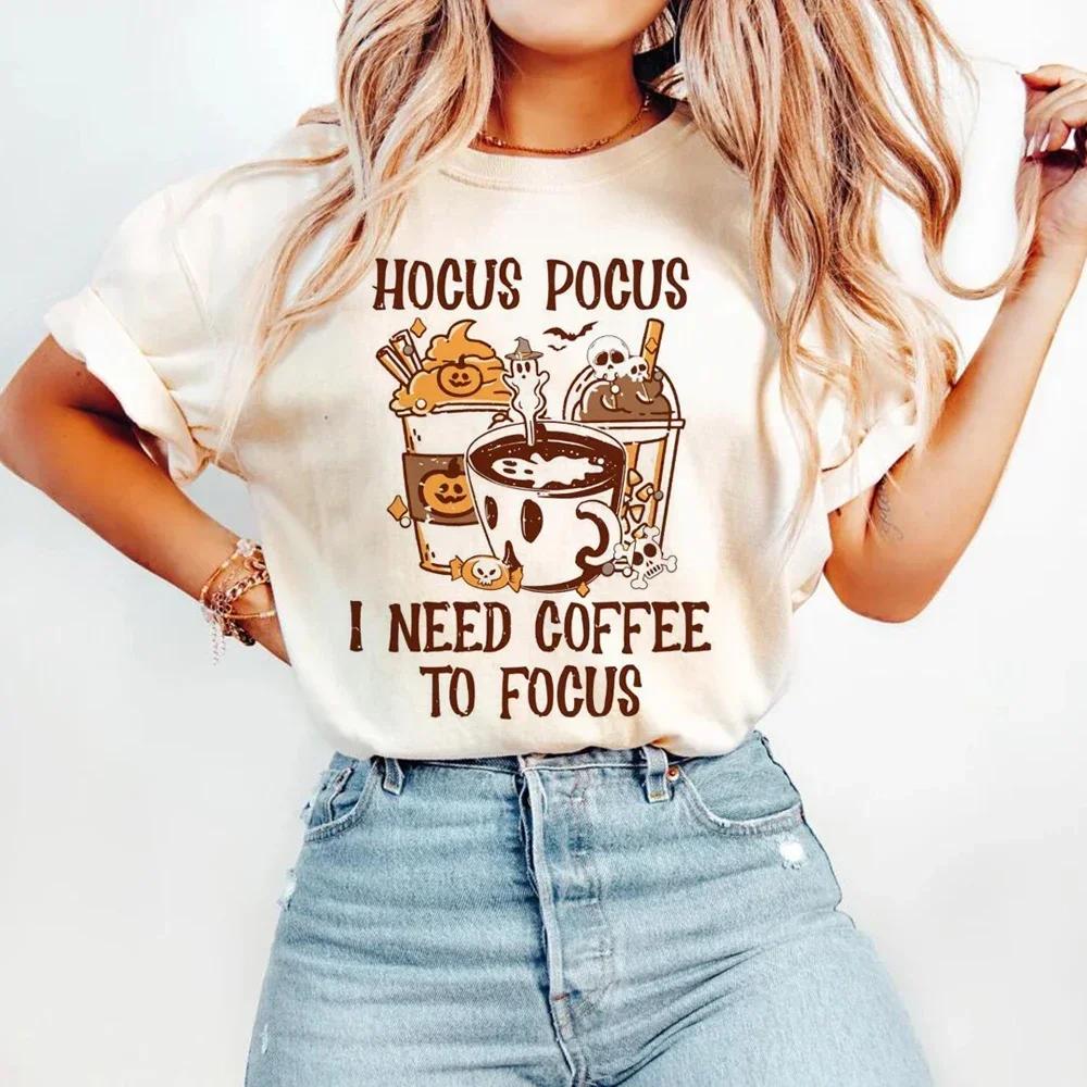 Hocus Pocus I Need Coffee To Focus Cartoon Print Fun Pattern New Halloween O-Neck Fashion Trendy Style Letnia koszulka damska