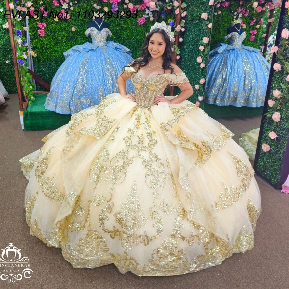 فستان EVLAST مخصص 2026 بلون الشمبانيا Quinceanera فستان حفلة مزين بالخرز متدرج حلو 16 فيستدوس دي 15 أنوس E1QN664