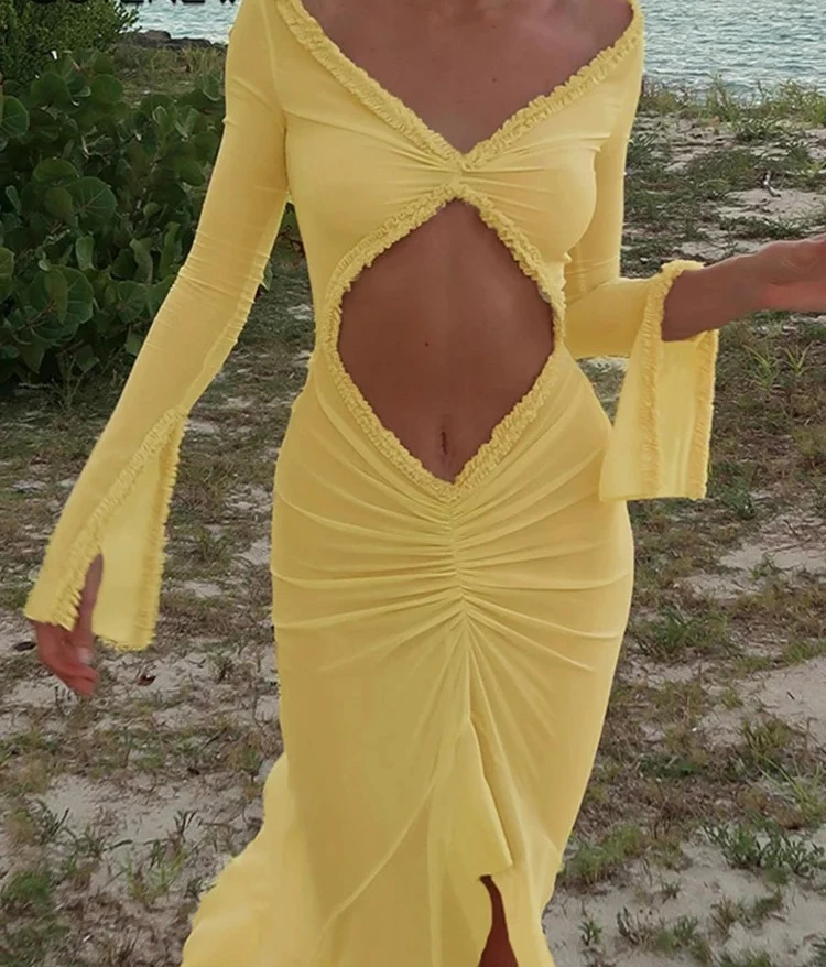 فستان شبكي موجز للنساء، نمط كلاسيكي للعطلات، بأكمام طويلة، رداء غير متماثل، ملابس نسائية أنيقة