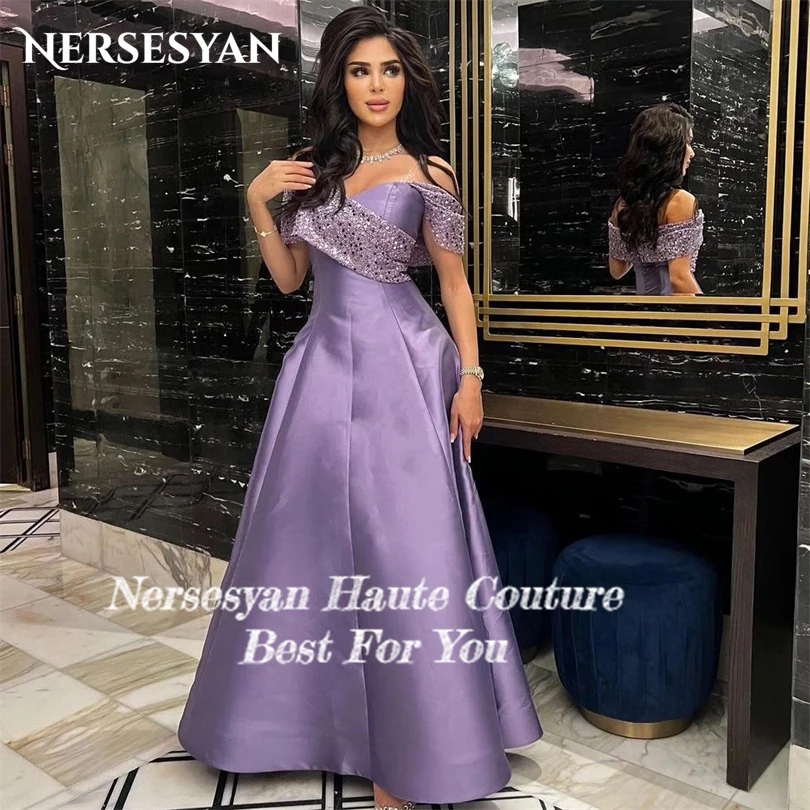 Nersesyan Purple Glitter Sequins Formal Evening Dresses Off The Shoulder Satin Sexy Prom Gowns A Line Long Vestidos De Fiesta