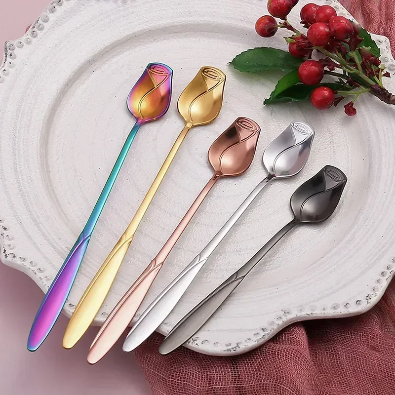 Stainless Steel Rose Coffee Spoon, Long Handle Mixing Spoon, Flower Design, Perfect for Tea, Dessert, Honey, Kitchen Accessories