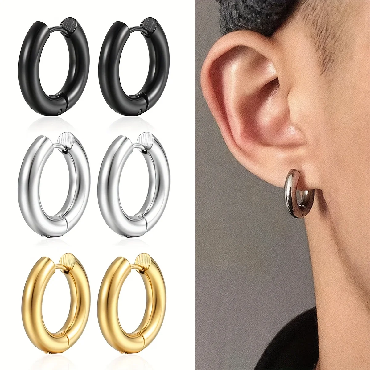 

2pcs Exaggerated Minimalist Stainless Steel Ear Buckle Hoop Earrings for Men Women Daily Wear Jewelry Birthday Holiday Gift