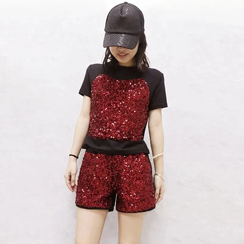 Glitter set Women's 2025 Summer New Fashion Casual Shiny Short Sleeve+Elastic Waist Wide Leg Pants Two Piece Set Trendy