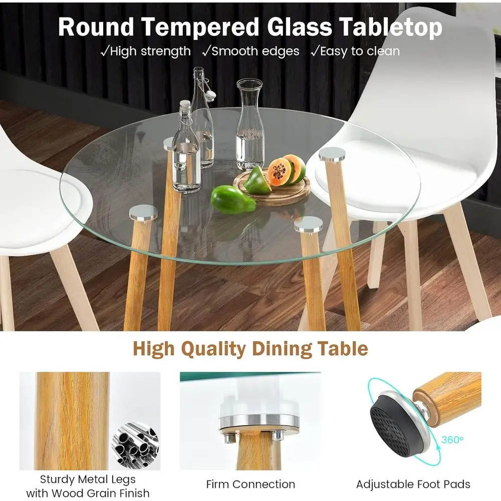 Dining Table Set for 4, Modern 5-Piece Dining Room Set w/ 1 Round Tempered Glass Table & 4 High Back Chairs, Customized