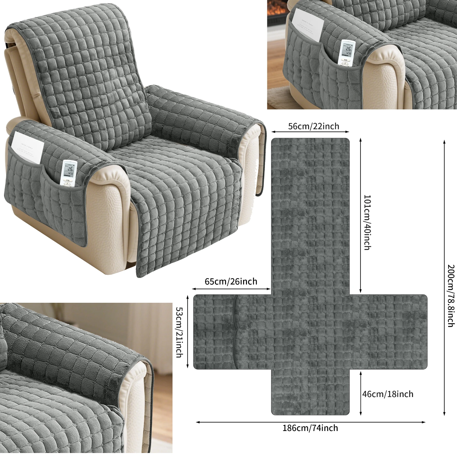 Quilted Recliner Sofa Cover Waterproof Armchairs Slipcovers Dogs Pets Kids Anti-Slip with Side Pockets Elastic Strap Protector