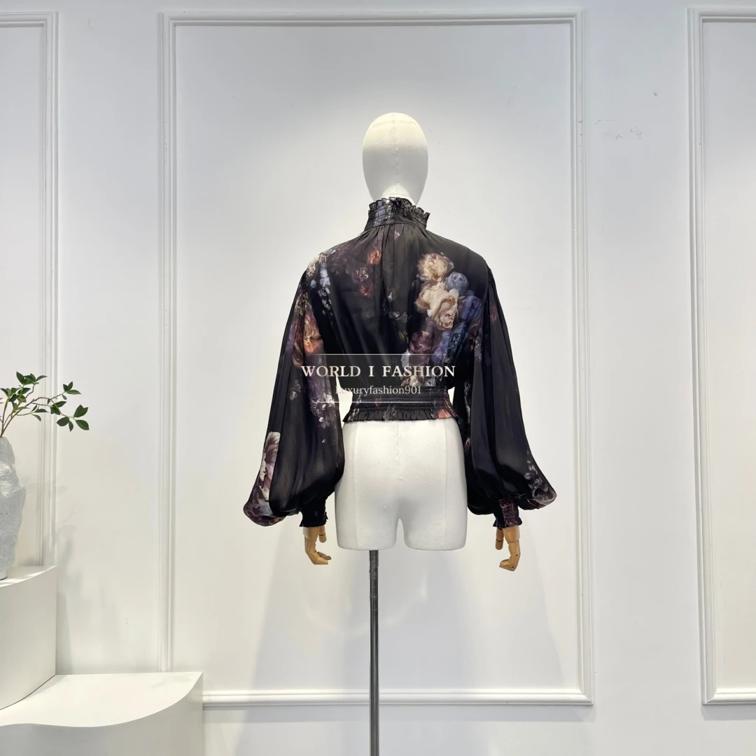 Black Floral Print Long Sleeve Blouse Tops and Midi Skirt Set 2025 New Design