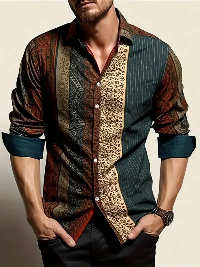 New Men's Shirt Grid Striped Geometric Flip-over Street Print Long Sleeve Clothing Fashion Clothing Designer Casual