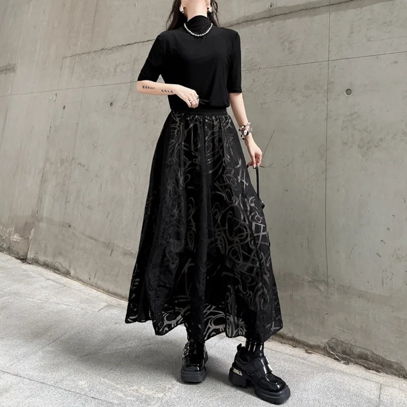 HKSH Women Casual Skirt Elastic Waisted Pleated Printed Slimming Versatile Chic Skirts Solid Color Short Sleeves T-shirt HK22767