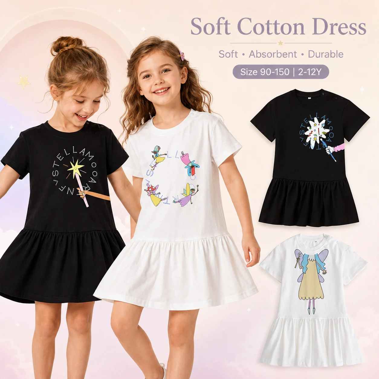 Cute Magic wand girl dress summer Fashion fun print kids Short sleeve skirt 100% cotton Cartoon Fairy Little girl princess dress