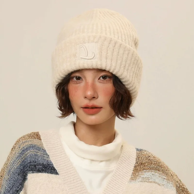 Coarse Wool Knit Warm Stacking Hat Unisex Embroidered L Fashion Solid Color Skullcap Winter Thicken Cap Outdoor Windproof Bonnet