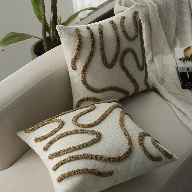Coffee Pillow Cover Chenille Cushion Cover 45x45cm for Living Room Sofa Home Decoration Simple Line Tufted Zippered Closure