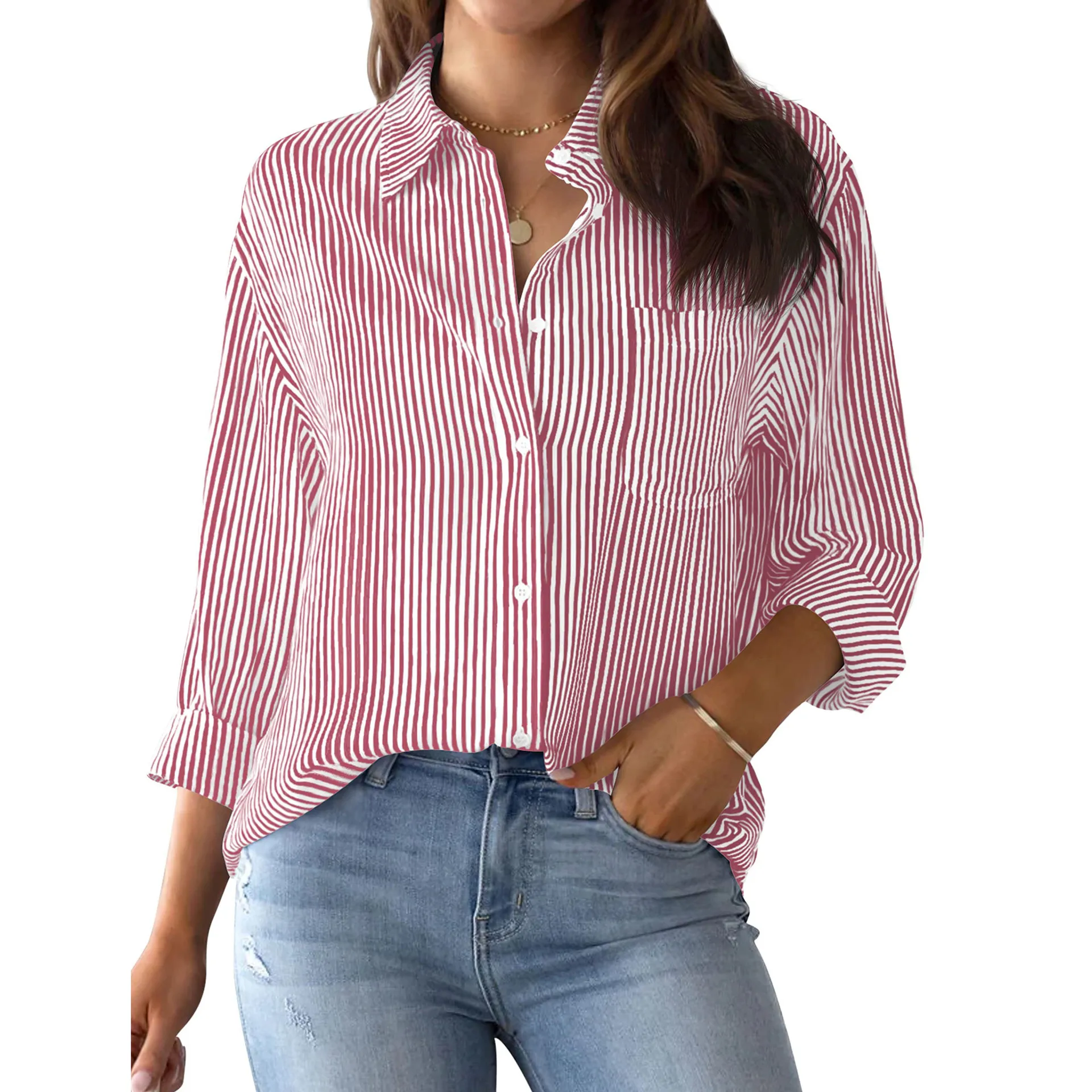 YJKDYK 2024 Spring Autumn Women\'s Blouses Female Long Sleeve Tops Buckle Up Shirt Striped Classic Long Sleeved Office Work Shirt