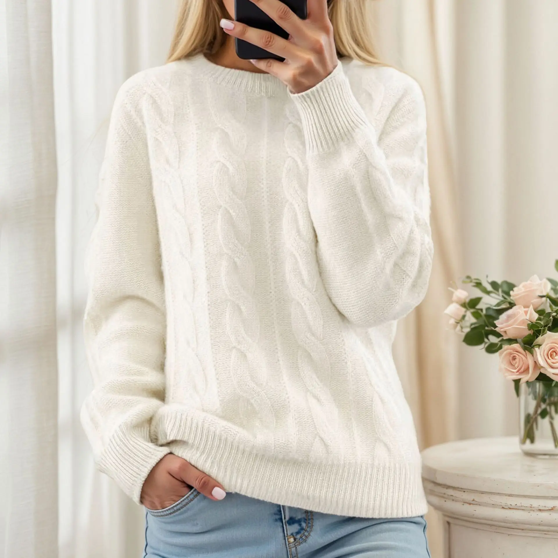 

Zekye 2025 Autumn Winter New Round Neck Solid Color Jacquard Knitted Top Retro Hemp Flower Loose Sweater Woman Autumn and Winter